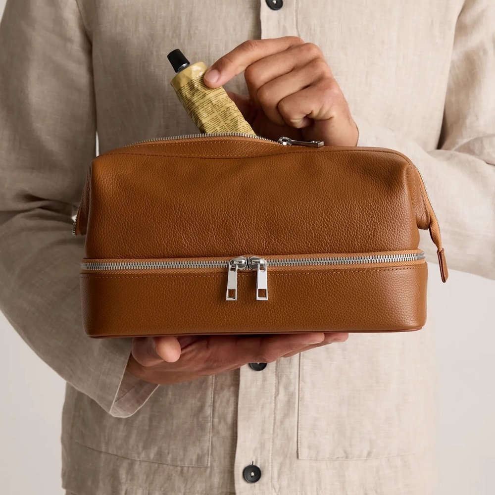 Quince Leather Double-Zip Toiletry Bag in Cognac Brown